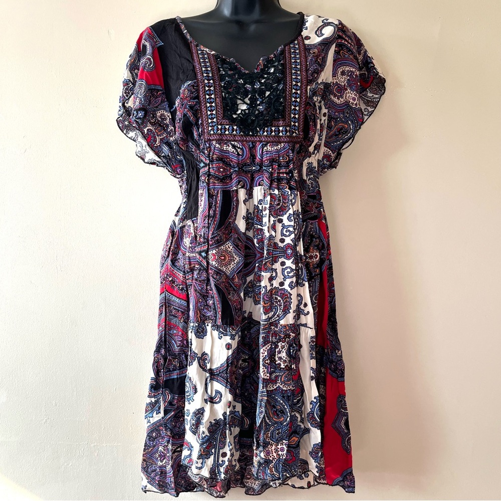 One World boho tunic top L festival fit flare hippie